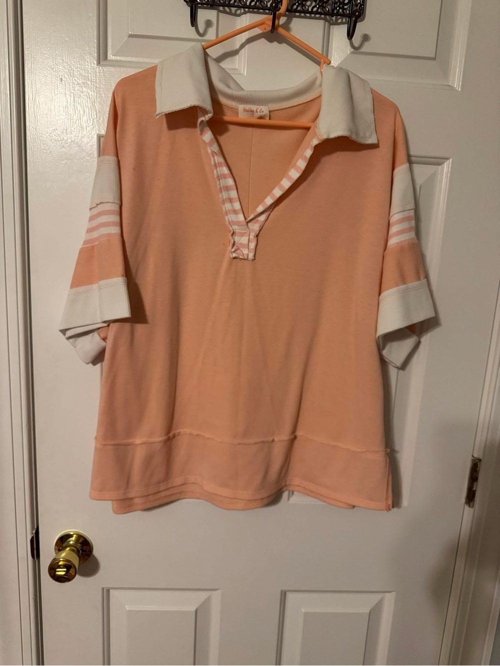 Relaxed Peach Stripe Polo Blouse - Women's